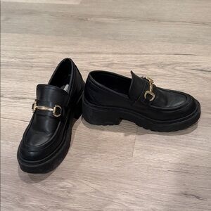 Steve Madden Black Loafers with Gold Buckle